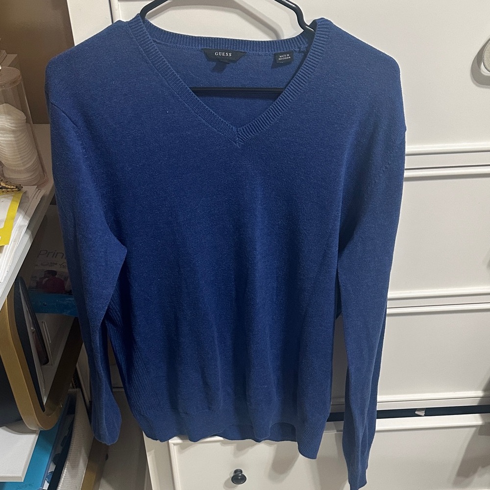 GUESS Men's V-Neck Sweater in Royal Blue